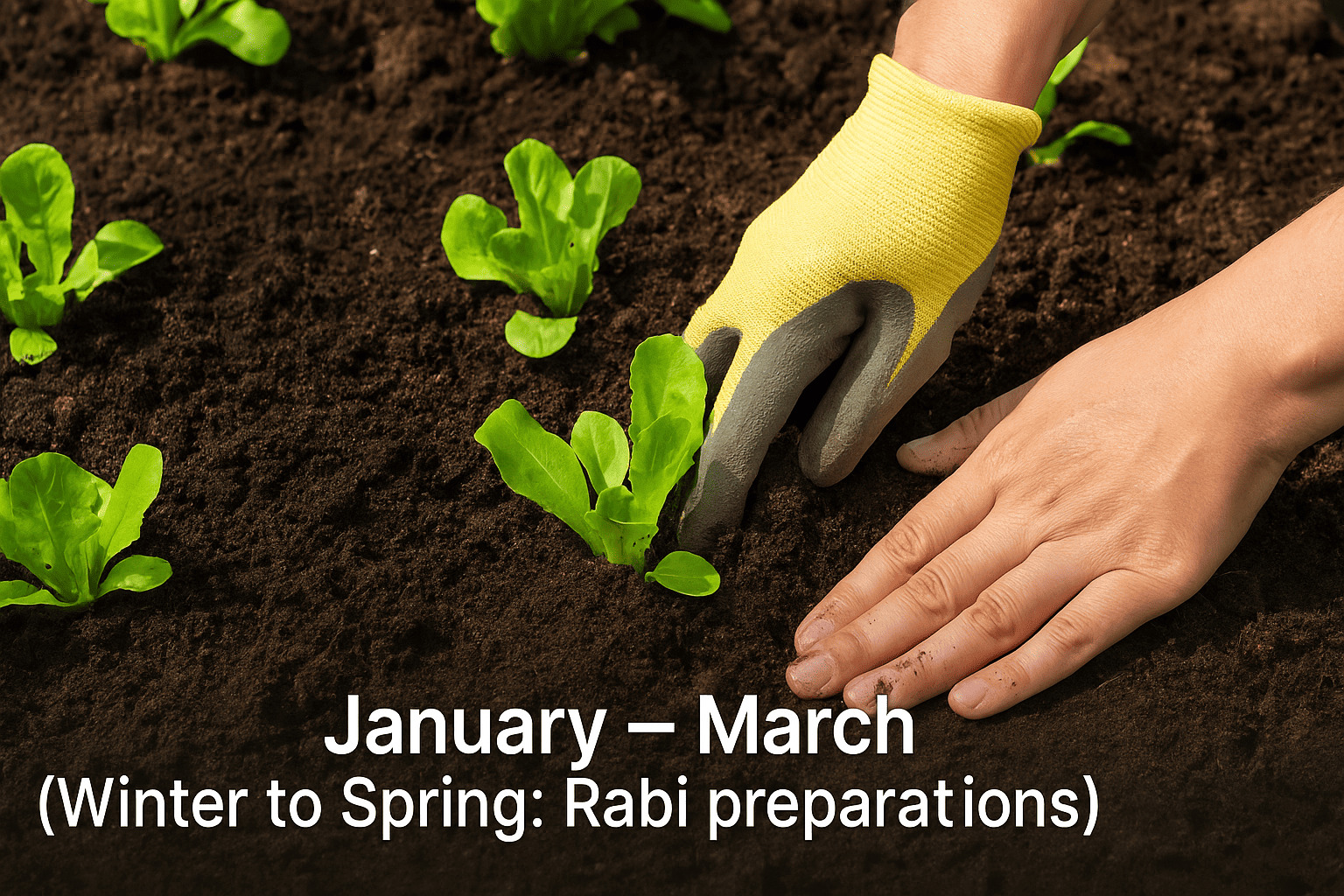 Urban Plant image showing hands planting leafy seedlings during January to March Rabi season preparations in an Indian vegetable garden